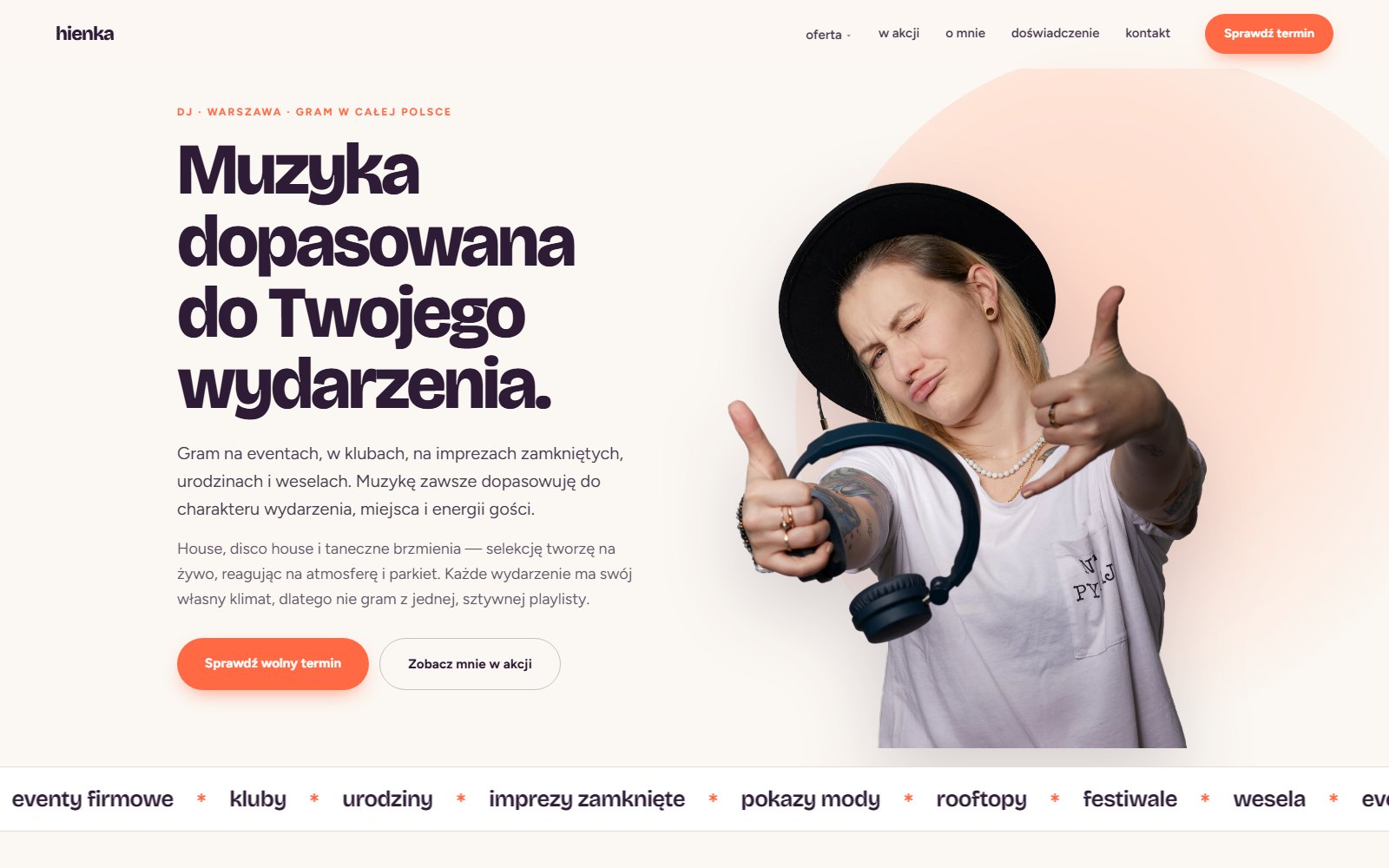 Strona Hienka Official: hero z nagłówkiem Muzyka dopasowana do Twojego wydarzenia